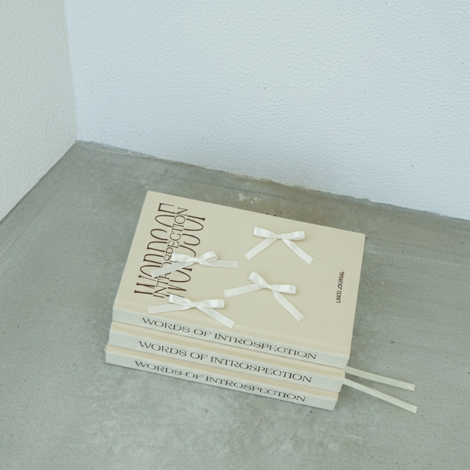 Stack of books titled 'Words of Introspection' on a concrete surface with a white wall background.